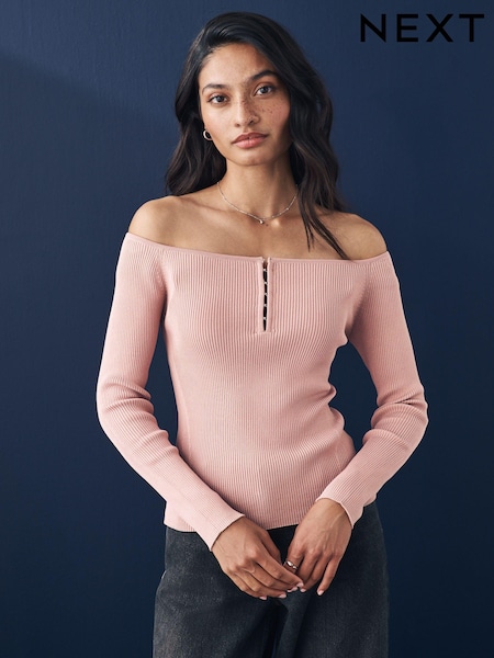 Pink Blush Bardot Off The Shoulder Fitted Rib Knitted Jumper Top (B87529) | €17.50