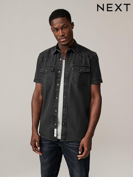 Black 100% Cotton Short Sleeve Denim Western Shirt (B87530) | €18