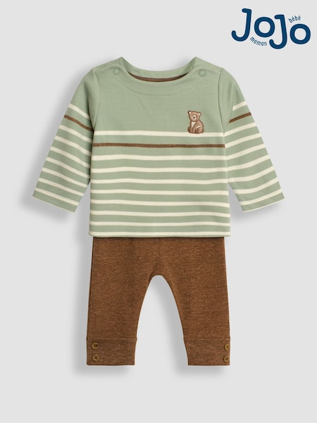 JoJo Maman Bébé Green Bear Embroidered Breton Top And Rib Leggings Set (B87555) | €35.50