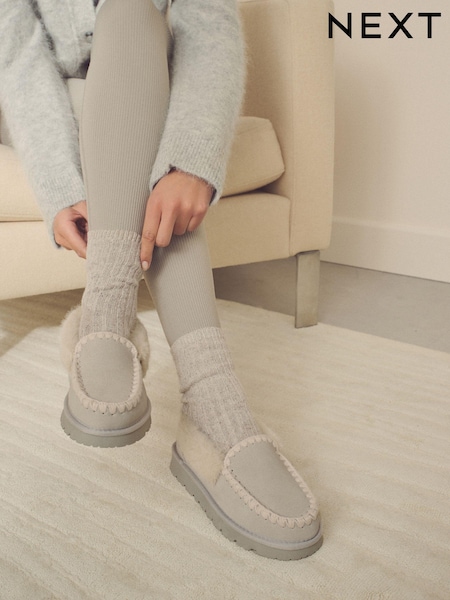 Grey Suede Stitch Moccasin Slippers (B87643) | AED63