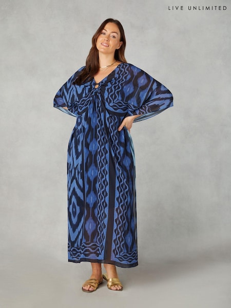 Live Unlimited Blue Curve Petite Ikat Print Maxi Kaftan (B87661) | €50