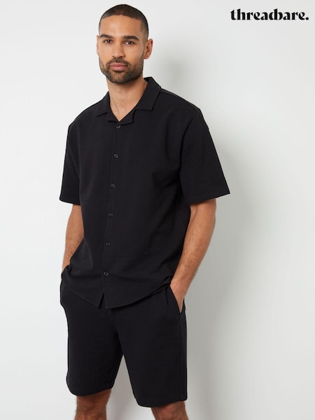 Negru crom - Threadbare Textured Revere Collar Mânecă scurtă Cămașă (B87714) | 108 LEI