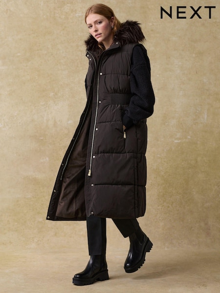 Chocolate Brown Waisted Gilet with Faux Fur Trim Hood (B87743) | €64
