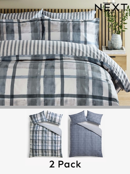 2 Pack Navy Blue Check Reversible Duvet Cover and Pillowcase Set (B87761) | €30 - €65