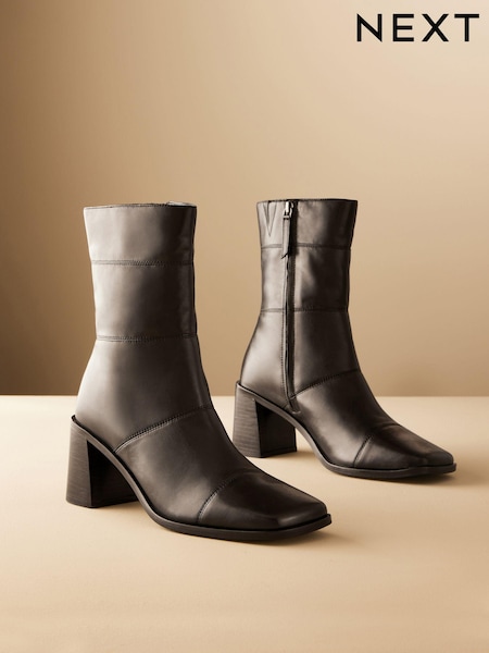 Black Leather Premium Square Toe Panel Heeled Boots (B87770) | AED178