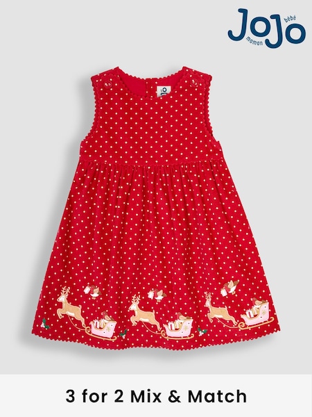 JoJo Maman Bébé Red Reindeer & Robin Christmas Appliqué Cord Dress (B87886) | AED186