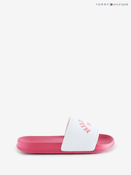 Tommy Hilfiger White Logo Print Pool Slides (B87927) | AED88