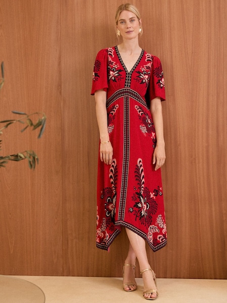 V&A | Love & Roses Red Printed V Neck Hanky Hem Midi Dress (B87949) | €46