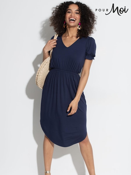 Pour Moi Blue Jenny Puff Sleeve Jersey Midi Dress with Viscose (B88009) | €50