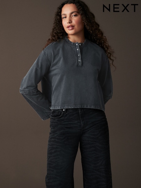 Indigo Blue Relaxed Fit Washed Popper Front Henley Wide Sleeve 100% Cotton Sweatshirt (B88047) | €21