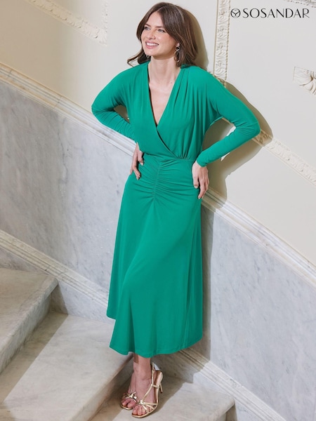 Sosandar Green Ruched Detail Wrap Jersey Midi Dress (B88209) | 371 QAR