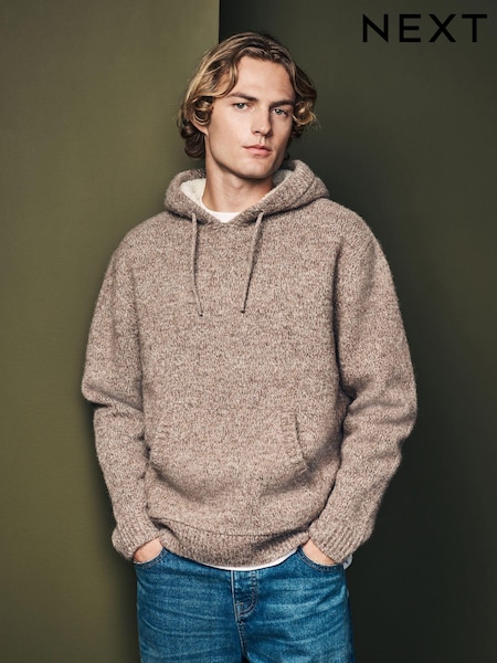 Neutral Relaxed Fit Borg Lined Knit Hoodie with Wool (B88262) | AED105