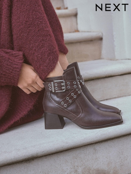 Chocolate Brown Leather Forever Comfort® Double Buckle Ankle Boots (B88339) | AED199