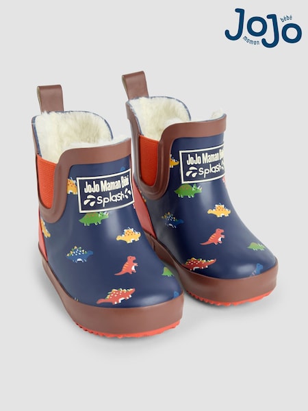 JoJo Maman Bébé Navy Blue Dinosaur Cosy Lined Fox Print Ankle Wellies (B88411) | €38 - €41