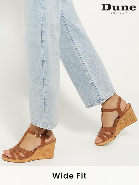 Dune London Brown Wide Fit Koala Plait T-Bar Strap Cork Wedge Heels (B88498) | €113
