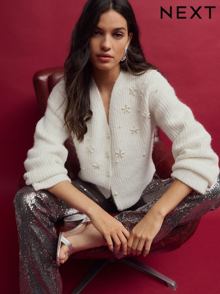 Bela Ecru - Pearl Embellished Button Knitted Cardigan (B88508) | € 21