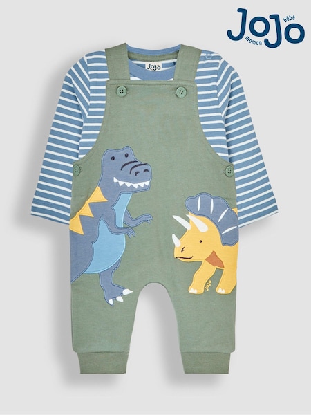 JoJo Maman Bébé Khaki Green Dinosaur Appliqué Dungarees & Top Set (B88605) | AED157