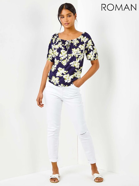 Roman Blue Floral Print Stretch Bardot Top (B88642) | ₪201
