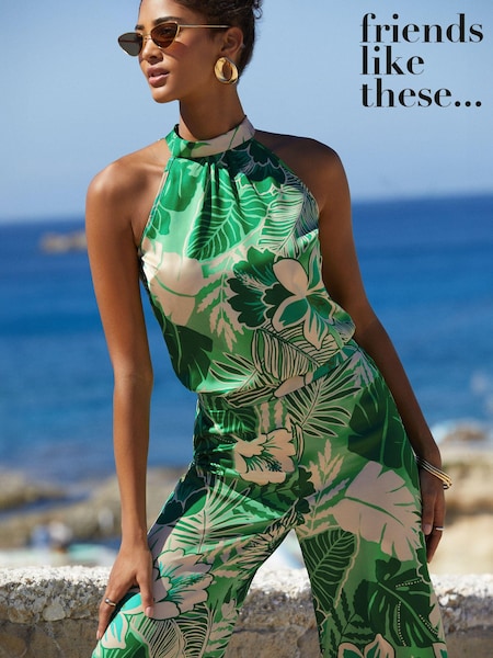Friends Like These Green Palm Print Satin Printed Tie Neck Halter Vest (B88683) | €12