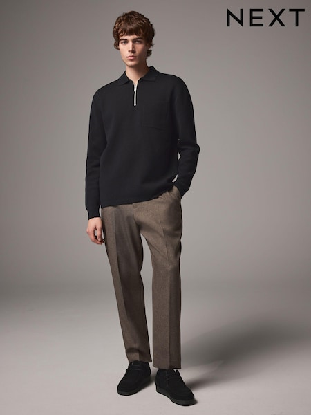 Black Regular Fit Cotton Rich Knit Long Sleeve Polo Shirt (B88745) | 92 SAR