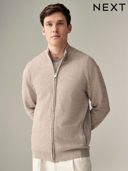 Neutral Regular Fit Texture 100% Cotton Premium Zip Through Jumper (B88760) | $70