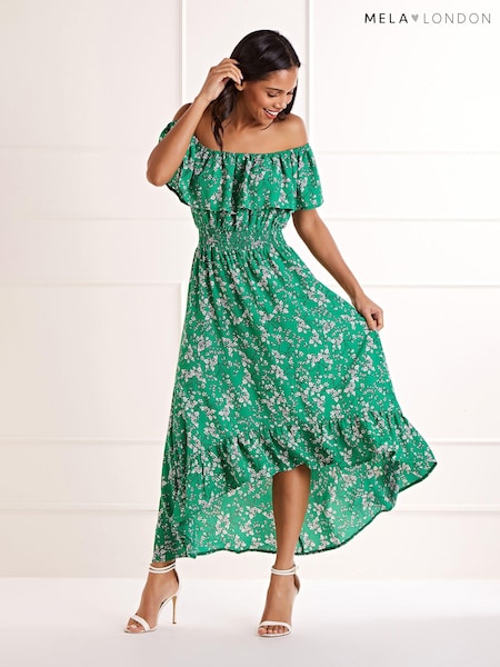 Mela Green Ditsy Print Bardot Dipped Hem Dress (B88779) | €23