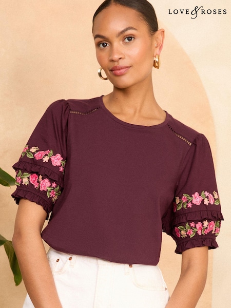 Love & Roses Embroidered Shorts Puff Sleeve Jersey T-Shirt (B88948) | 116 LEI
