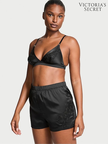 Victoria's Secret Black Jaguar Satin Triangle Bralette & Boxer Shorts Set (B89057) | €79