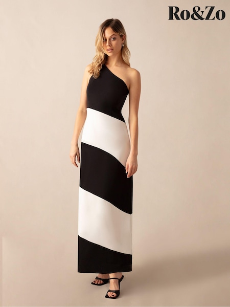 Ro&Zo Black Mono Stripe Sofia One Shoulder Maxi Dress (B89147) | € 132