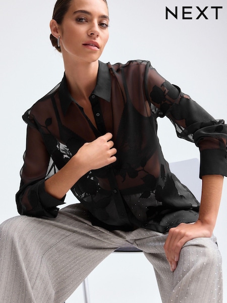 Black Jacquard Floral Long Sleeve Sheer Shirt (B89253) | €21