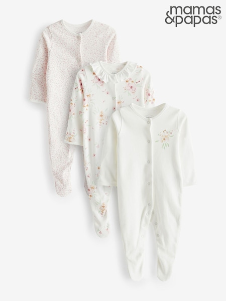 Mamas & Papas Pink 100% Cotton Watercolour Flowers Sleepsuits 3 Pack (B89491) | 31 €
