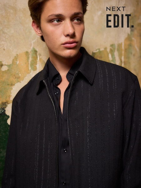 Black EDIT Metallic Pinstripe Harrington Jacket (B89541) | 207 QAR
