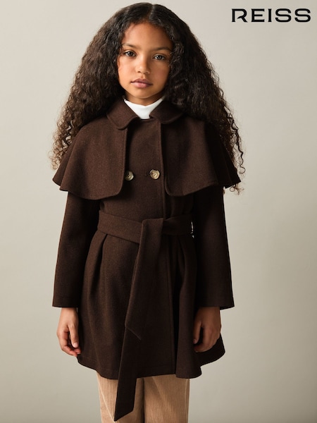 Reiss Chocolate Karlie 9-13 yrs Double Breasted Cape Coat with Wool (B89549) | 941 QAR