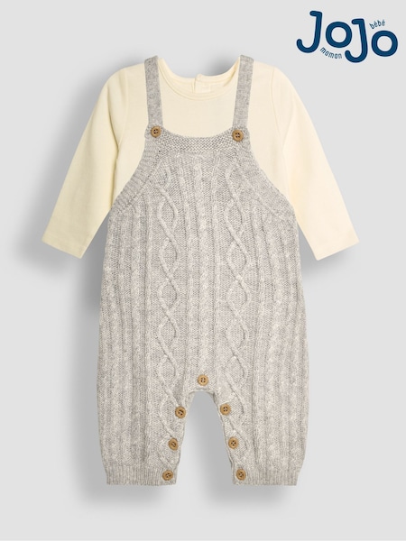 JoJo Maman Bébé Grey Cable Knit Dungarees & Top Baby Set (B89567) | R$ 315