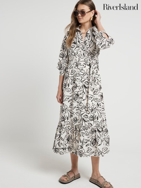 River Island White Midi Floral Shirt Dress (B89623) | €38
