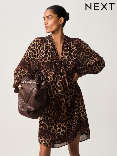Brown Leopard Print Long Sleeve Tie Neck Mini Dress (B89683) | €36