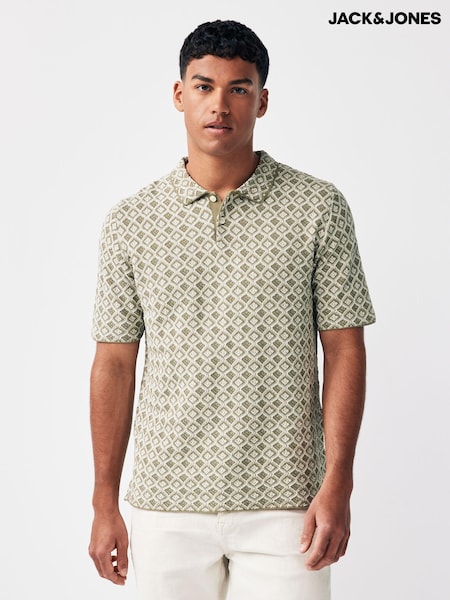JACK & JONES Green Textured Geo Print Knitted Smart Polo Shirt (B89693) | €24