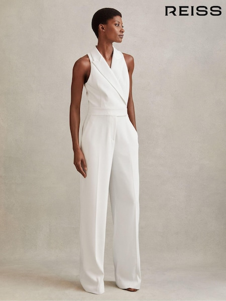 Reiss White Lainey Petite Double Breasted Satin Tux Jumpsuit (B89764) | €145