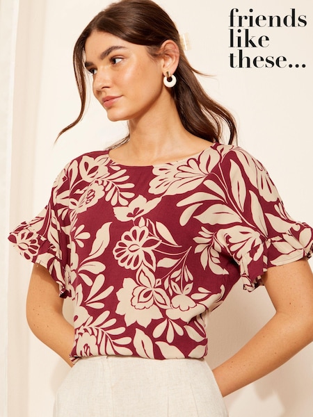 Friends Like These Burgundy Red Floral Short Sleeve Ruffle Cuff T-Shirt (B89793) | AED105