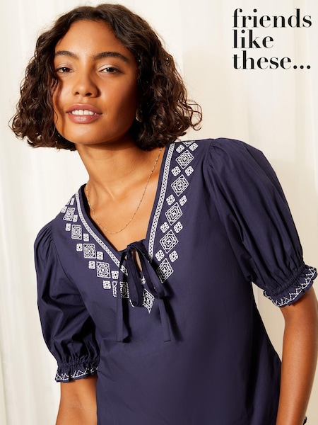 Friends Like These Navy Blue Contrast Embrodiered Puff Sleeve Tie Neck Blouse (B89826) | €18
