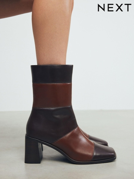 Brown Leather Premium Square Toe Panel Heeled Boots (B89835) | €45