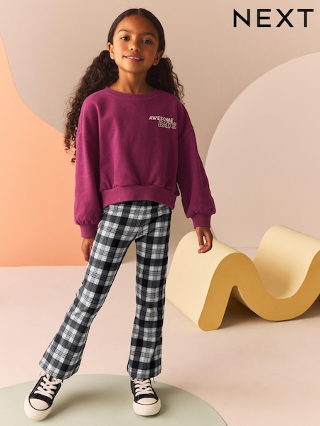 Burgundy Red Graphic Sweatshirt And Check Flare Leggings Set (3-16yrs) (B90024) | €18 - €23