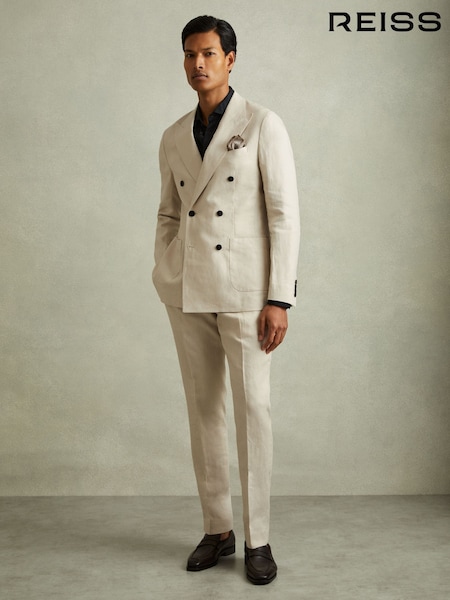 Reiss Oatmeal Halgas Linen Double Breasted Modern Fit Blazer (B90115) | AED2,362
