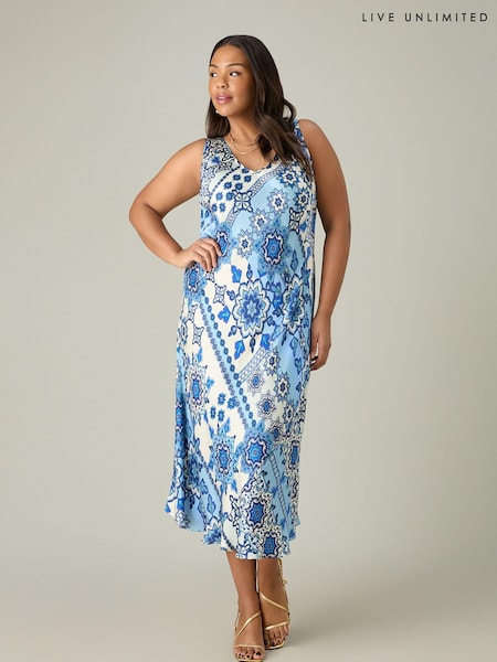 Live Unlimited Blue Curve Tile Print Bias Slip Dress (B90121) | €63
