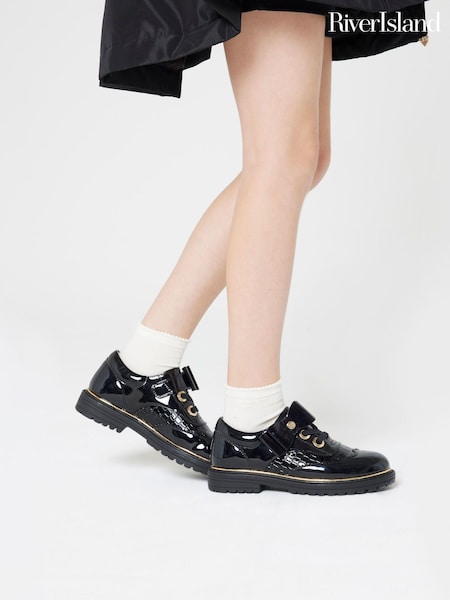 River Island Black Girls Patent Mix Brogues Shoes (B90126) | €18