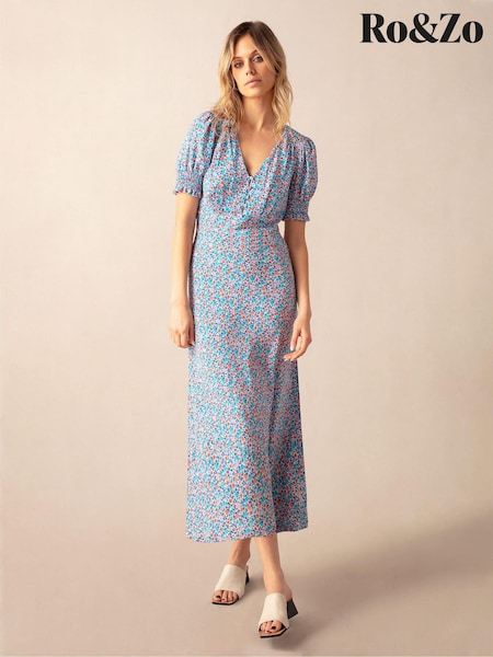 Ro&Zo Blue Ditsy Print Shirred Cuff Midi Dress (B90173) | €61