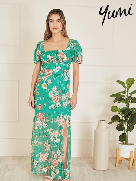Yumi Green Floral Print Square Neck Maxi Dress With Split Hemline (B90195) | €27