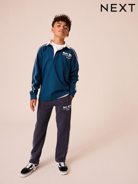Blue 100% Cotton Rugby Long Sleeve Polo Shirt and Jogger Set (3-16yrs) (B90273) | AED88 - AED117