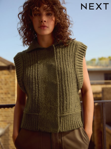 Khaki Green Collared Button Up Sleeveless Knitted Gilet Jacket (B90289) | €10