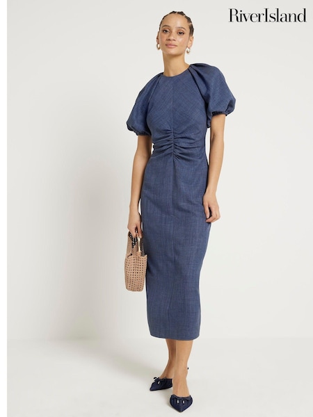 River Island Ruched Puff Sleeve Midi Dress (B90314) | 178 LEI